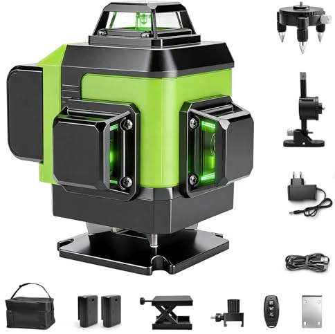 Nivel Láser 4D 16 Líneas, 4×360° Autonivelante con Pantalla Digital de Batería, Láser Verde con Modo Pulso y Control Remoto, Negro
