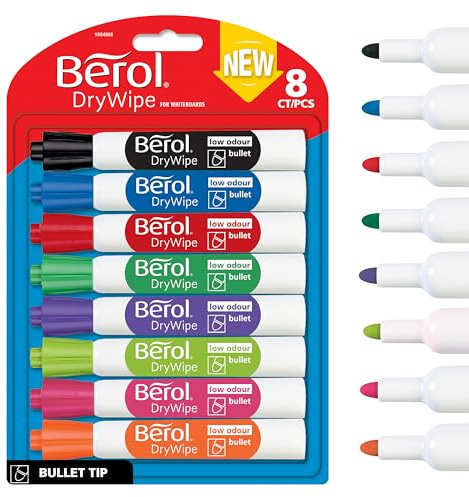 Berol Dry Wipe Whiteboard Marker Pens | Bullet Tip | Assorted Colours | 8 Count Dry Erase Markers