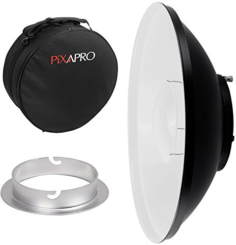 Pixapro 42cm Beauty Dish Reflector Photography Lighting Video Light Flash Diffuser Studio Light Camera Photoshoot Portable Beginners Bounce Sheets Filters (White With Bag, Elinchrom)