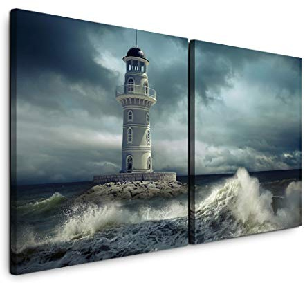 Paul Sinus Art GmbH Leuchtturm im Meer 120x60cm - 2 Wandbilder je 60x60cm Kunstdruck modern Wandbilder XXL Wanddekoration Design Wand Bild