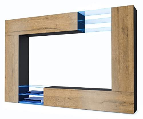 Vladon Wohnwand Mirage, Made in Germany, Anbauwand mit Rückwand mit 2 Türen, 2 Klappen und 6 offenen Glasablagen, Schwarz matt/Eiche Natur, inkl. LED-Beleuchtung (262 x 183 x 39 cm)