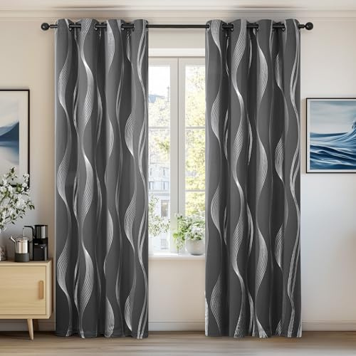 Deconovo Blackout Curtains Silver Wave Line Foil Printed Thermal Insulated Eyelet Curtains for Living Room 66x72 Inch Dark Grey 2 Panels