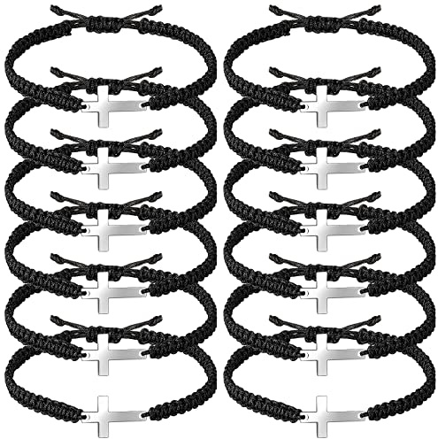 Jadive Lot de 12 bracelets en forme de croix pour homme et femme Jésus Chrétien fait à la main Corde en nylon tressé assorti pour baptême, BFF, cadeaux chanceux, Pâques, baptême