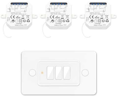 LoraTap Interruttore Luce Wireless 3 Gang, Telecomando con Base Magnetica, Interruttore Wireless Parallelo, Radio Trasmettitore a Parete e 3 Ricevitore a Relè RF 10A 100-250V AC, Bianco