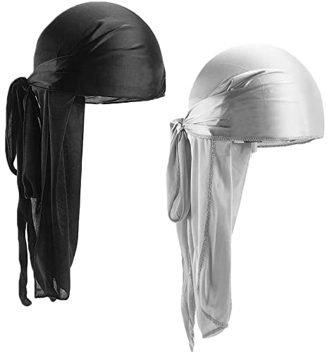 Colexy 2 PCS Silky Durag Unisexe Bonnet Chapeau Durag pour Hommes Femmes Bonnet Respirant Doux Bandana Wave Cap Durag Turban Head Headwraps avec Long Tail et Wide Straps