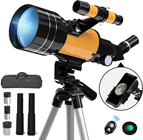 Télescope Astronomique, 70/300mm Réfracteurs Télescope pour Enfants/Débutants/Adultes, Télescopes Portable avec Adaptateur Smartphone, Télécommande, Trépied, Filtre Lunaire, Sac de Rangement