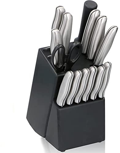 BAKAJI Set Coltelli 15 Pezzi da Cucina Professionali con Ceppo Portacoltelli Forbici Affilacoltelli Blocco Supporto Affilati Acciaio Inox Inossidabile per Carne Verdure Pesce Chef per Cuoco
