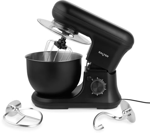 Salter KURO Stand Mixer 1200W With 5L Stainless Steel Bowl | 6 Speed Settings Plus Pulse, Removable Splash Guard, Whisk Dough Hook And Beater Included, Black Finish, For Baking And Bread