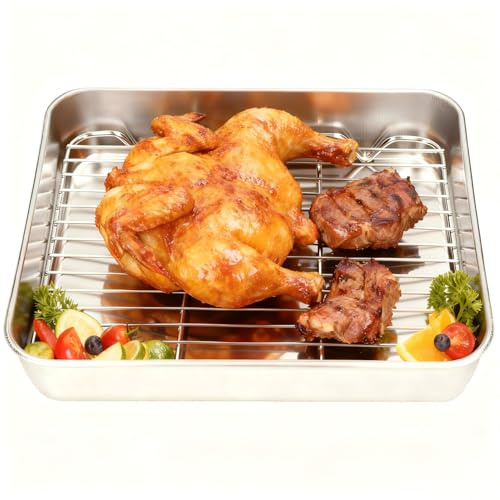 Edelstahl Bratpfanne mit abnehmbarem Rost, Grill und Auflaufform - Viereck Pfanne mit Einsatz für Backen, Grillen und Braten im Ofen (26,5x20,5x5cm/10,4x8,1x2 Zoll)
