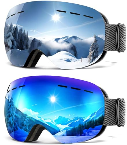 QALLY Anti Fog Ski Goggles for Men Women Snow Goggles with UV Protection Snowboard Goggles, Black Frame Silver Lens/Black Frame Ice Blue Lens