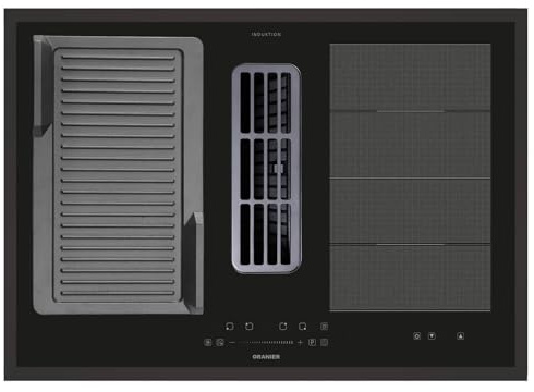 Oranier Flächen-Induktionskochfeld 80 cm KFA590 - großes Kochfeld mit Abluft-Umluft Kochfeldabzug & gerillter Grillplatte & schwarzer Kochfeldrahmen