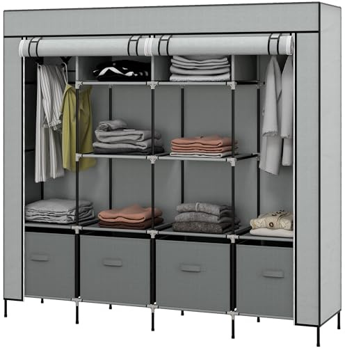 HOMCOM Armadio Portatile in Tessuto non Tessuto e Acciaio, Guardaroba con 10 Ripiani, 4 Cassetti, 2 Barre Appendiabiti e Ante a Cerniera, 166x42.5x169.5cm, Grigio Scuro