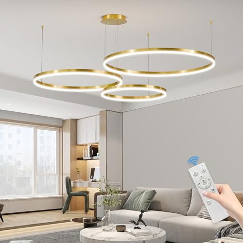 Mikeru 40+60+80cm Minimalist Pendant Lights, Dimmable Living Room Ceiling Lights 10% to 100% Gold Height Adjustable Pendant Light with Memory Function 3000K/4500K/6500K for Kitchen Island