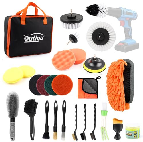 Outigu 28-teiliges Auto-Reinigungsset, Autowasch-Set mit Auto-Detailing-Pinseln, Reinigungsgel, Radbürste, Bohrerbürsten-Set, Handtuch und Aufbewahrungstasche, komplettes Auto-Werkzeug für Innen- und