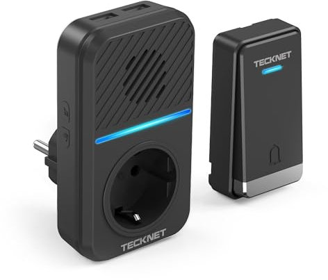 TECKNET Sonnette sans Fil, 400M Sonnette de Porte sans Fil Auto-alimentée, IP65 Étanche Carillon Electronique, Kit de Carillon avec prises USB Externe et Lumière LED, 60 Mélodies, 5 Niveaux Volumes