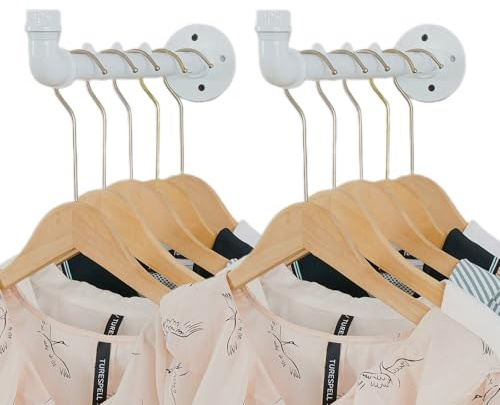 Industrial Wall Pipe Clothing Racks - Heavy Duty Metal Clothes Hanger with Hook, Wall-Mounted Garment Holder Racks,Wall Clothing Bar/Coat Hanging Rail/Hanging Rod for Closet Storage, 2 Pack, White