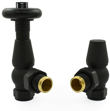 Hot Flow Textured Black Jordan Angled TRV Thermostatic Radiator Valve (Pair) Includes Angled TRV Body & One Lock Shield for Quick & Easy Temperature Control.