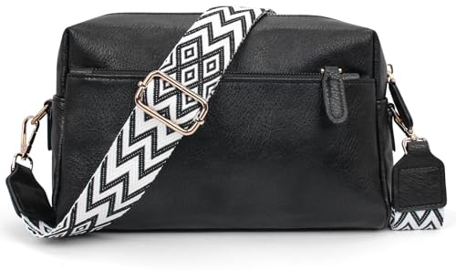 Tibimon Crossbody Bag Damen Breiter Gurt, Leder Moderne Taschen mit Breitem Schultergurt handtasche damen Kleine Umhängetasche mit Reißverschluss und Abnehmbar Schultergurt (Schwarz)