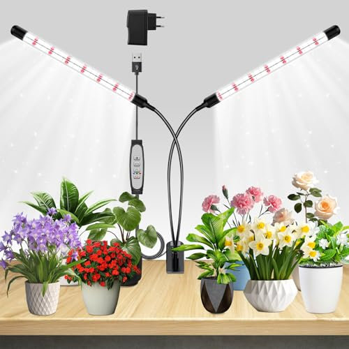 2 teste di luce per piante, Lampada per Piante LEDs, Lampada Piante Coltivazione, Luce di crescita a spettro completo, Lampada di Crescita con Timer Auto on/off 6H/12H/18H per Frutta Verdure Fiore