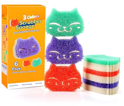 Eyliden 6 Pack Kitchen Scrub Sponges, Dual-sided Dish Scourers for Washing up Stubborn & Delicate Surfaces, Hard/Soft Texture Changes with Cold/Hot Water, 3 Color Cute Cleaning Sponges for Dishes Sink