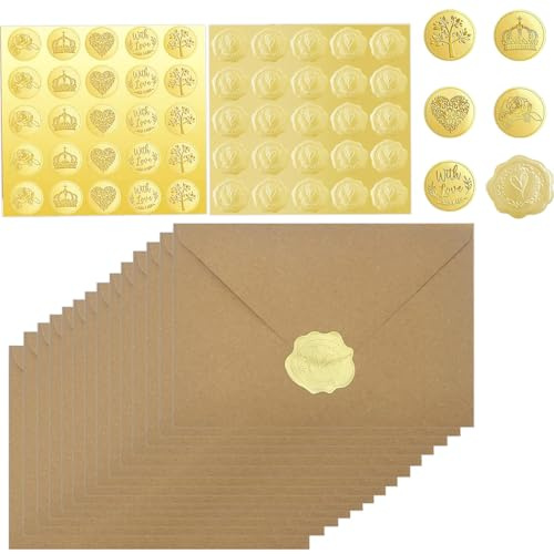 50x Briefumschläge Kraftpapier mit 50 Siegel Selbstklebend Briefumschlag Aufkleber,Briefkuvert Briefhülle für Grußkarten Einladung zum Hochzeit Weihnachten Geburtstag Taufe Party