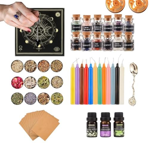 Witch Supplies Wiccan - Set completo di strumenti per altare, cristalli, candele, erbe | esperti per principianti, per stregoneria spirituale, set unico di rituali, decorazione