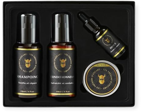 MAX BARBER - Coffret Soin Barbe 4-en-1 - Huile, Shampoing, Conditionneur et Baume - Efficacité Cliniquement Prouvée