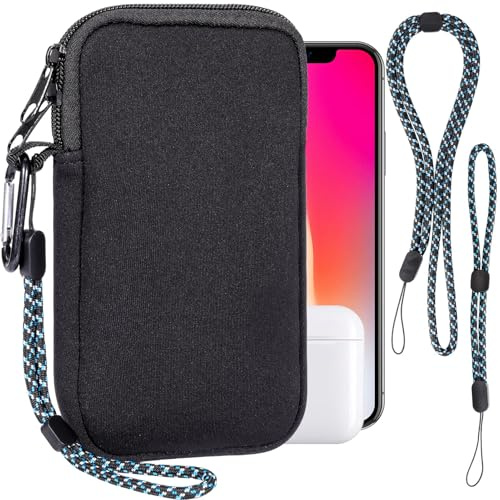 Estuche de Neopreno Universal para Smartphone, Carcasa para móvil Funda Protectora a Prueba de Golpes con Mosquetón y Correa de Cordón Travel Case with Pockets Phone Bag para Samsung,iPhone,Negro,L