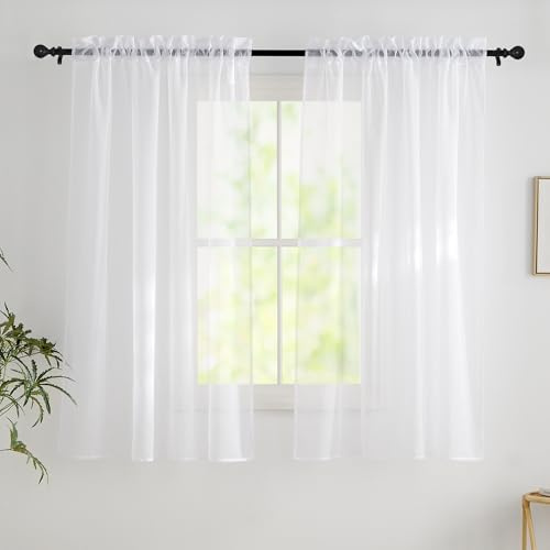 PONY DANCE Gardinen Weiss Transparent Modern Kinderzimmer Vorhänge mit Stangedurchzug 2er Set H 135 x B 140 cm Voile Scheibengardinen Kurz Wohndekoration