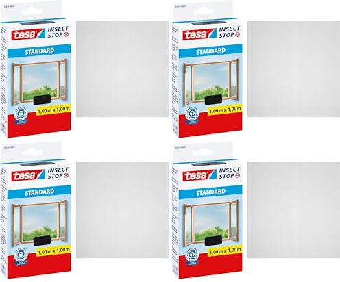 tesa Insect Stop Standard Fliegengitter für Fenster - Insektenschutz zuschneidbar - Mückenschutz ohne Bohren - 1 x Fliegen Netz anthrazit - 100 cm x 100 cm (Packung mit 4)