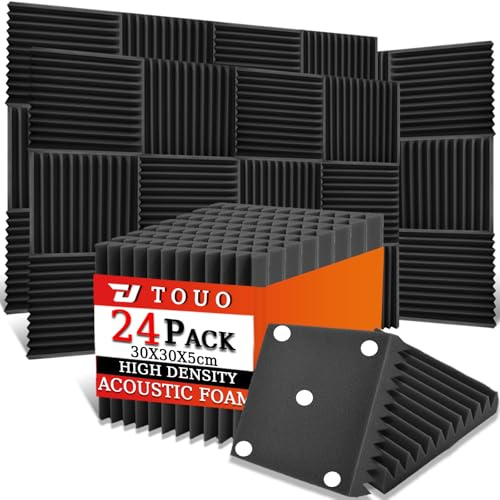 TOUO Lot de 24 Panneaux Acoustiques – Mousse Phonique Murale 30x30x5cm, Mousse Acoustique Ininflammable en Forme de Coin, Noire Haute Densité pour Studio à Domicile