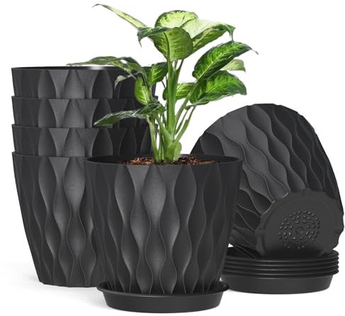 12.5cm Plant Pots, 6 Pack Plastic Flower Pots with Drainage Holes and Saucers, Indoor Outdoor Planters for Succulent and All House Plants(Black)