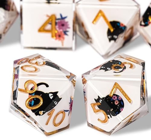 D&D Lot de 7 dés pour chat avec boîte cadeau polyédrique et RPG à bords tranchants pour jeux de rôle avec sac à dés, résine
