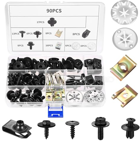 90 PcsCar Panel Clipss, Car Clips and Fasteners Mounting Set, Car Body Undertray Fender Screws and Nut Clip Kit, Ccar U Clips and Screw Kit with Heat Shield Clipss, for Bumper Door Trim Auto Parts