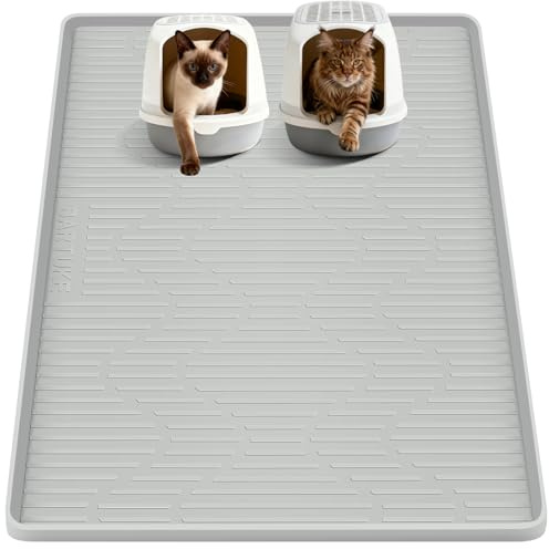 Bartuke 55''x38'' Tappetino in silicone per lettiera per gatti, extra large, per il controllo dello spargimento, impermeabile, morbido sulle zampe del gatto, pavimento pulito (grigio)