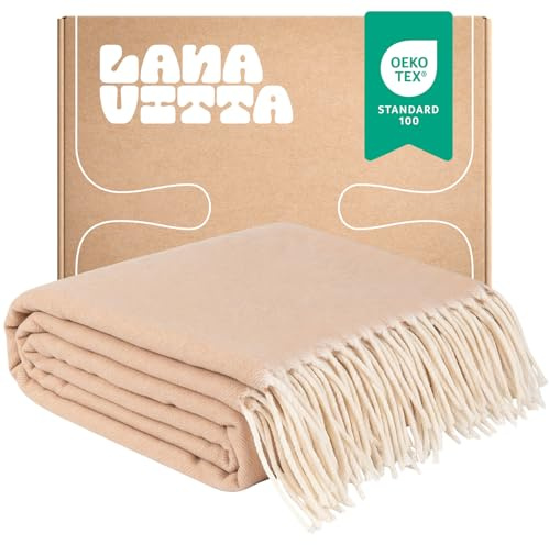 Lanavitta – Wolldecke mit Kaschmir „Maris“ – Tagesdecke & Bettüberwurf – Couchüberwurf, Sofadecke, Couchdecke, Sesseldecke – 90% Wolle 10% Kaschmir – Beige – 140x200 cm