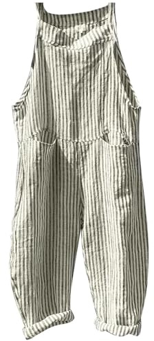 Generisch Combinaison femme, robe combinaison pantalon en lin rayé, été, décontractée, coupe ample, bretelle réglable, sans manches, salopette, pantalon sarouel à jambes larges, vert, M