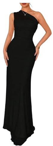 GORGLITTER Women's One Off Shoulder Fishtail Long Dresses Asymmetrical Sleeveless Ruched Elegant Maxi Evening Dress Black Medium