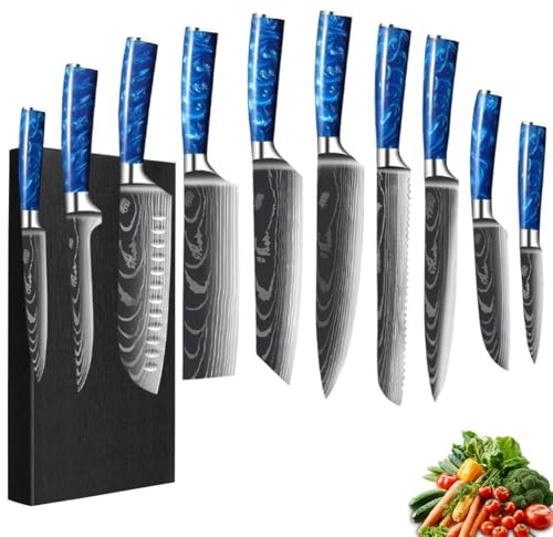 Knivblock-set, med 10 delar, handtag i harts, köksknivset med kockkniv, brödkniv, santokukniv, skalkniv, damastmönster, professionellt kockknivset i presentförpackning (Blå)