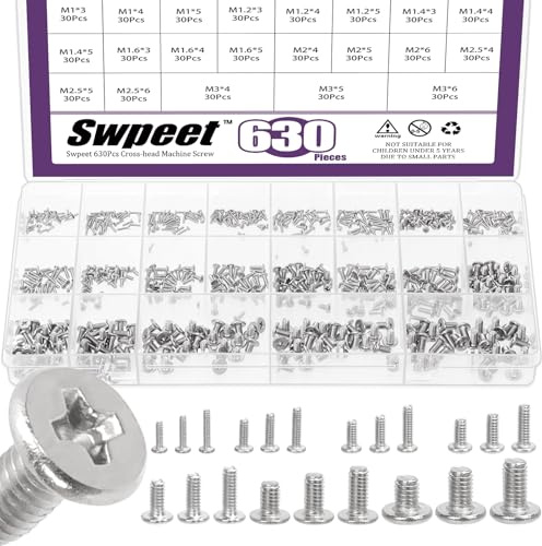 Swpeet 630Pcs 21 Tailles M1 M1.2 M1.4 M1.6 M2 M2.5 M3 304 Kit d'assortiment de vis à tête plate Phillips en acier inoxydable, petites vis à tête ronde plate à tête croisée