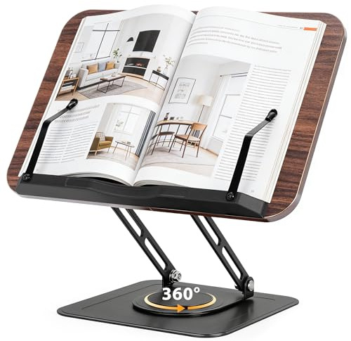 Buchständer zum Lesen, Verstellbarer Buchständer mit 360° Drehbarer Basis | Klappbar Buchhalter mit Seitenclip, Leseständer für Kochrezepte, Notenblätter, Zeitschriften & Tablets (Braun)