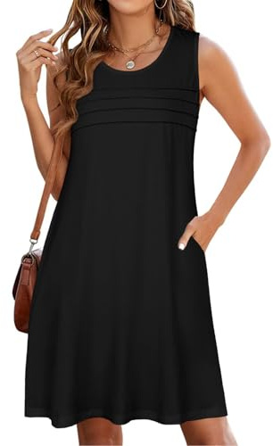 Womens Summer Dress Pleated Sleeveless Sundress With Pocket(Black,S)