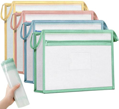 4 Pièces Pochette Document Zippée A4, Ensemble de Pochette Plastique Zip A4 en EVA Double Couche, Dossier de Documents Grande Capacité, Mesh Zipper Pouch pour Organiser Documents Livres Autres