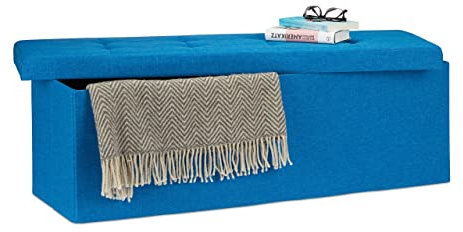 Relaxdays Banc de rangement pliable avec repose-pieds en tissu Bleu Taille L