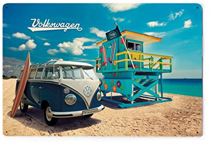 BRISA VW Collection - T1 Bulli Bus Blechschild Vintage Dekoration | Volkswagen Retro Metallschild Wandschild Garage Werkstatt Hobbykeller, Beachlife/Bunt