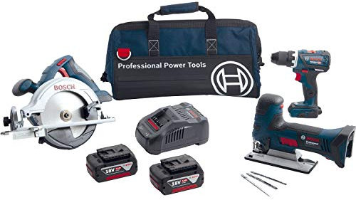 Bosch Professional 18V System perceuse-visseuse sans-fil GSR 18V-60 C+scie sauteuse GST 18V-LI S+scie circulaire GKS 18V-LI (avec 2 batteries 5,0 Ah + chargeur GAL 1880 CV, dans sacoche d’outils) bleu