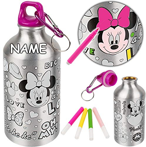 alles-meine.de GmbH Trinkflasche/Sportflasche - Minnie Maus - inkl. Name - 550 ml - zum bemalen & anmalen - auslaufsicher - aus Aluminium - Wasserflasche - für Kinder - Aluflas..