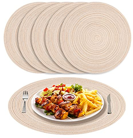 NAKIHOUSE Tischsets Abwaschbar Rund Geflochten Beige Platzsets 6er Set | 38cm Platzsets Abwischbar, Rutschfest, Hitzebeständig Schmutzabweisend Platzdeckchen für Hochzeit, Restaurant, Küche