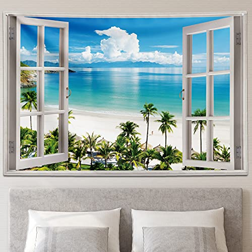 GOURIDA Ocean Beach Tapestry Wall Hanging Blue Sea Tropic Island Paradise Summer Coconut Tree Palm Seaside Window Nature for Bedroom Aesthetic ,61 W x 41 H inch