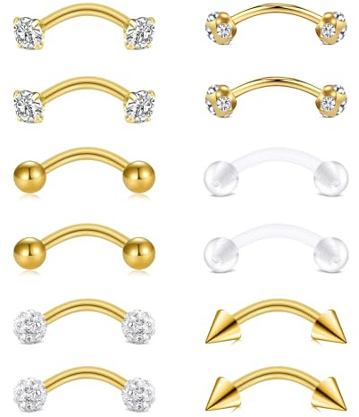 AceFun Curved Barbell 1.2MM 16G 8MM Piercing Rook Pendiente para Mujeres Hombres Helix Daith Tragus Oreja Piercing Nariz Labio Ceja Vientre Anillos Septum Labret Piercing Oro 8 pares oro